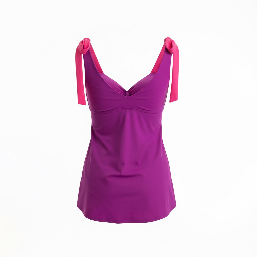 Flirty Tie Shoulder Tankini Top - Plum/Pink