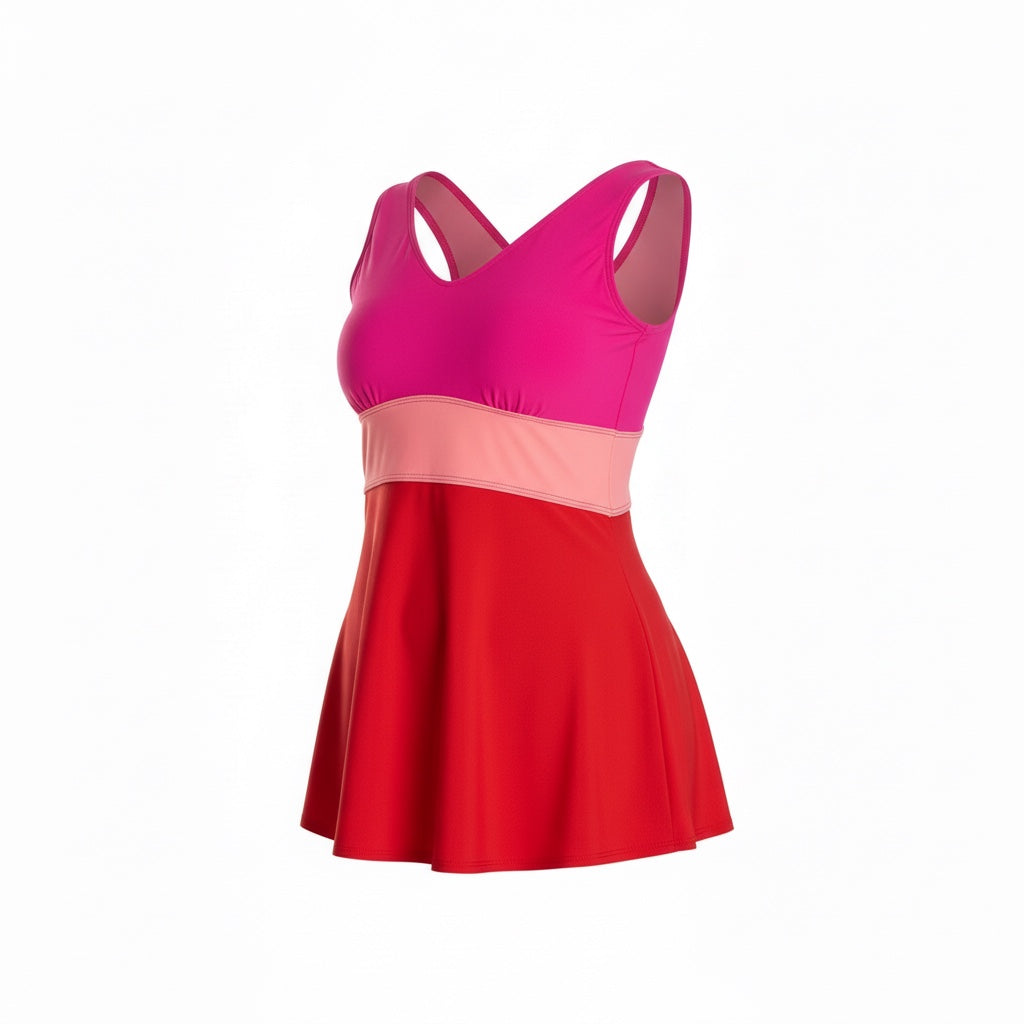 Banded Color Block Tankini Top - Berry Red/Pink/Coral