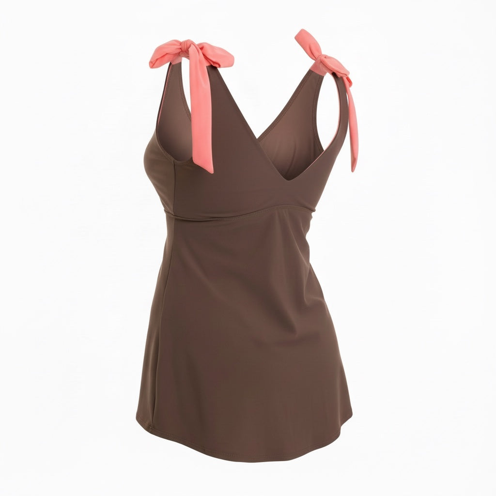 Flirty Tie Shoulder Tankini Top - Driftwood Brown/Coral