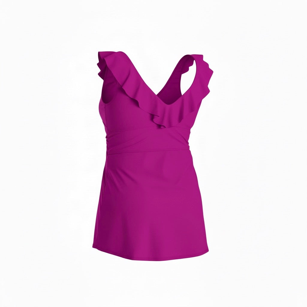 Ruffle Neck Tankini Top - Plum