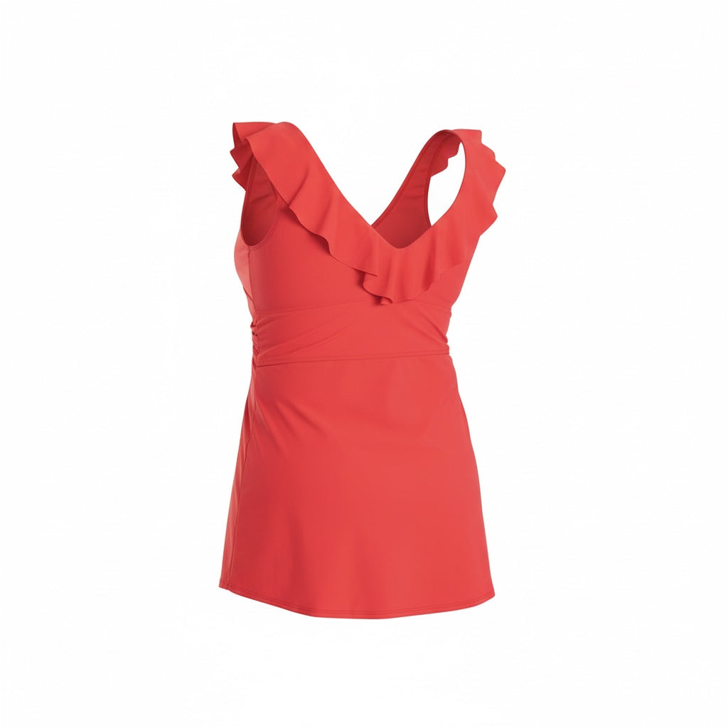 Ruffle Neck Tankini Top - Tomato