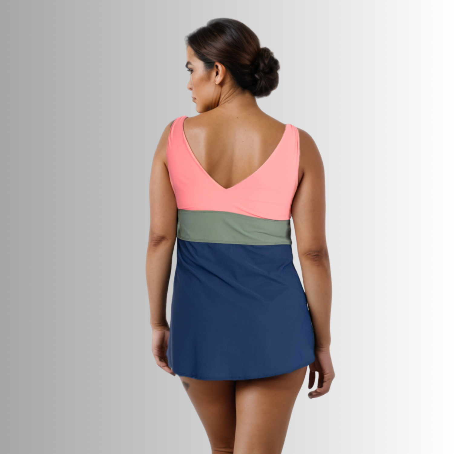 Banded Color Block Tankini Top - Navy/Olive/Coral