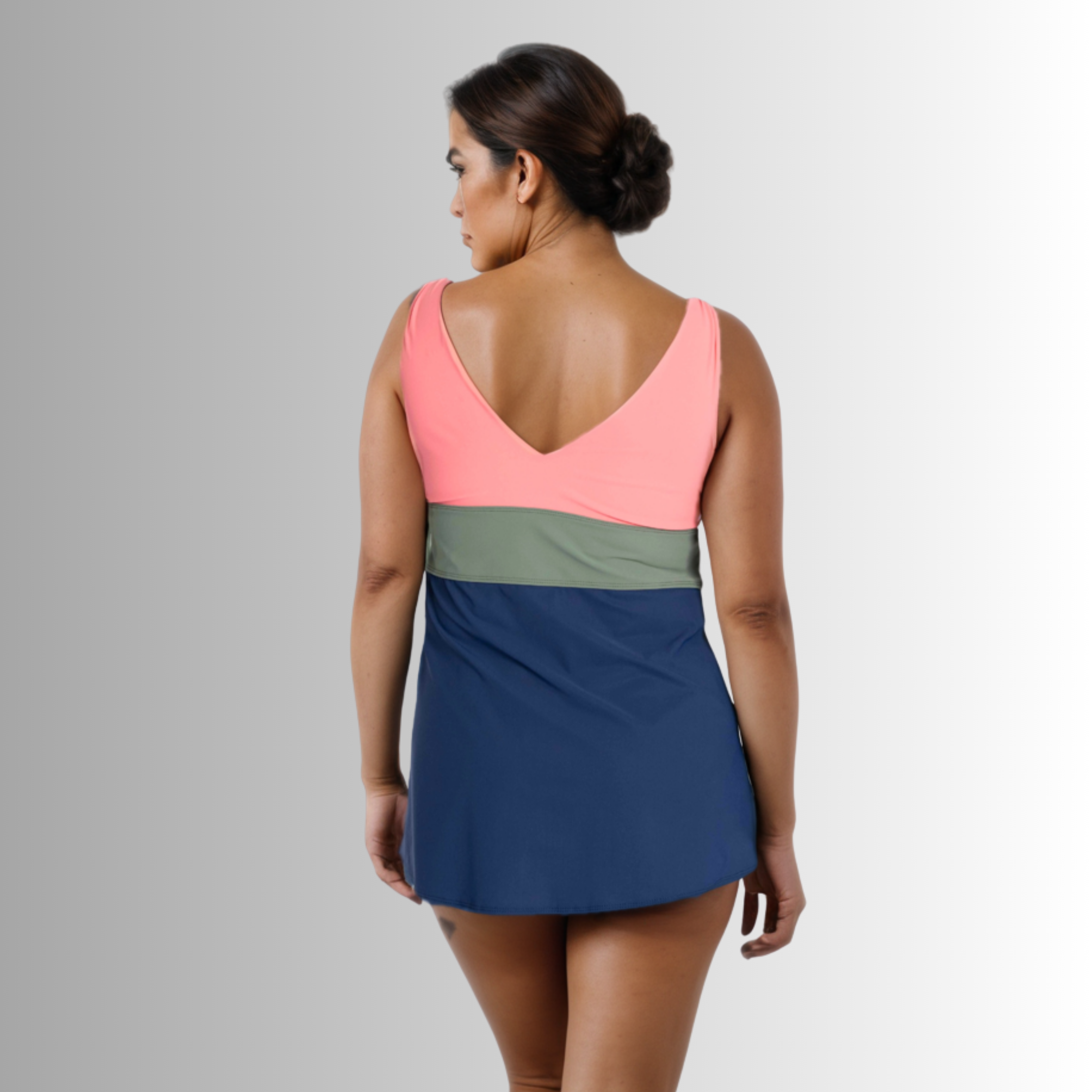 Banded Color Block Tankini Top - Navy/Olive/Coral