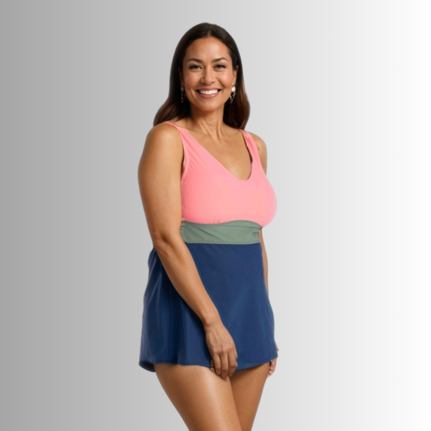 Banded Color Block Tankini Top - Navy/Olive/Coral