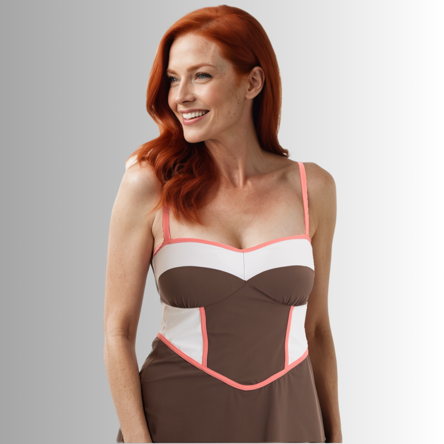Color Block Tankini Top - Driftwood Brown/Coral