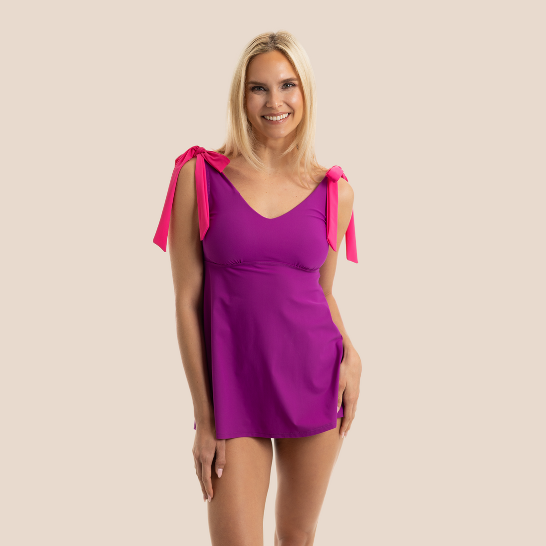 Flirty Tie Shoulder Tankini Top - Plum/Pink