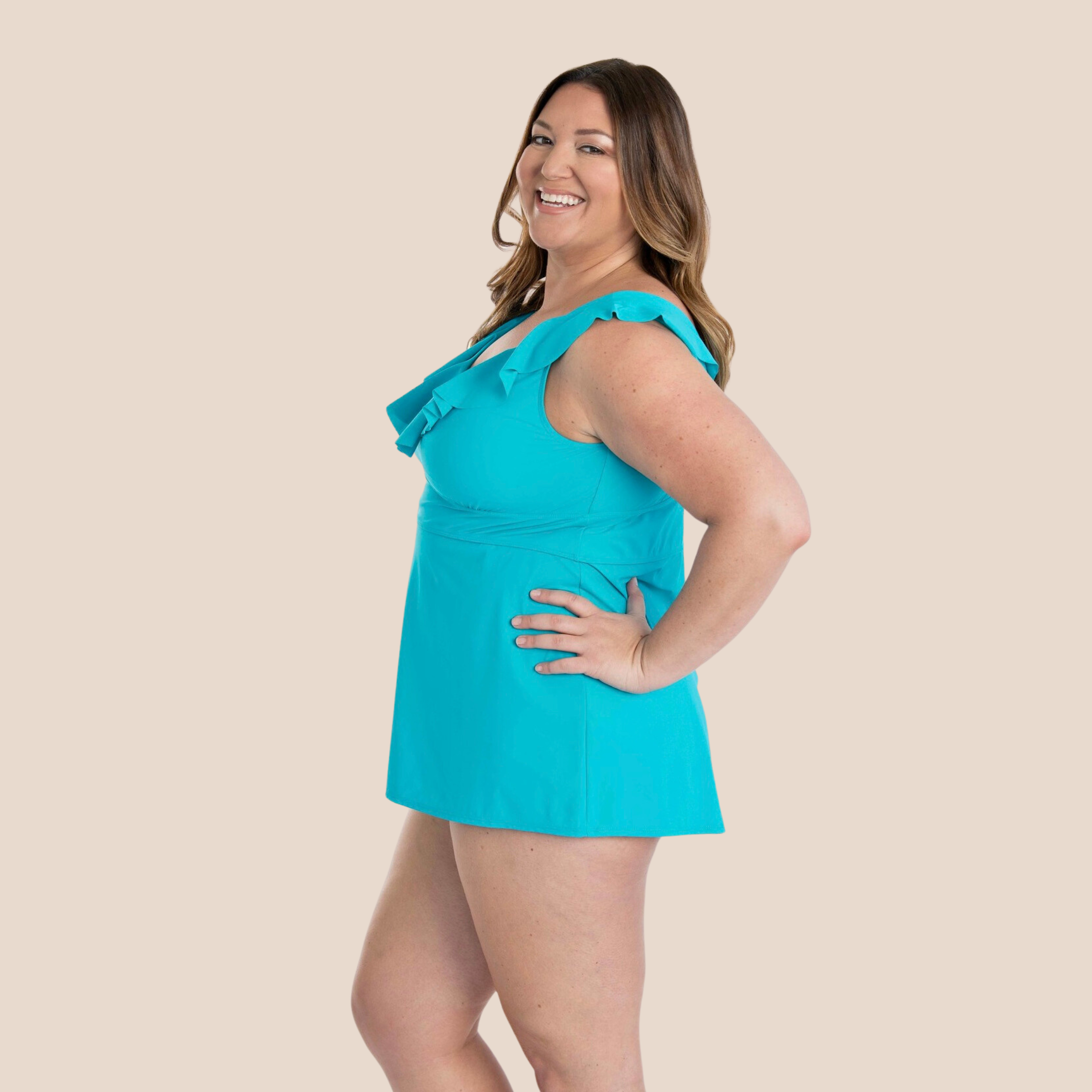 Ruffle Neck Tankini Top - Turquoise