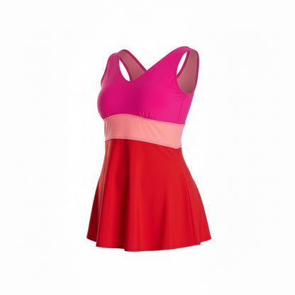 Banded Color Block Tankini Top - Berry Red/Pink/Coral