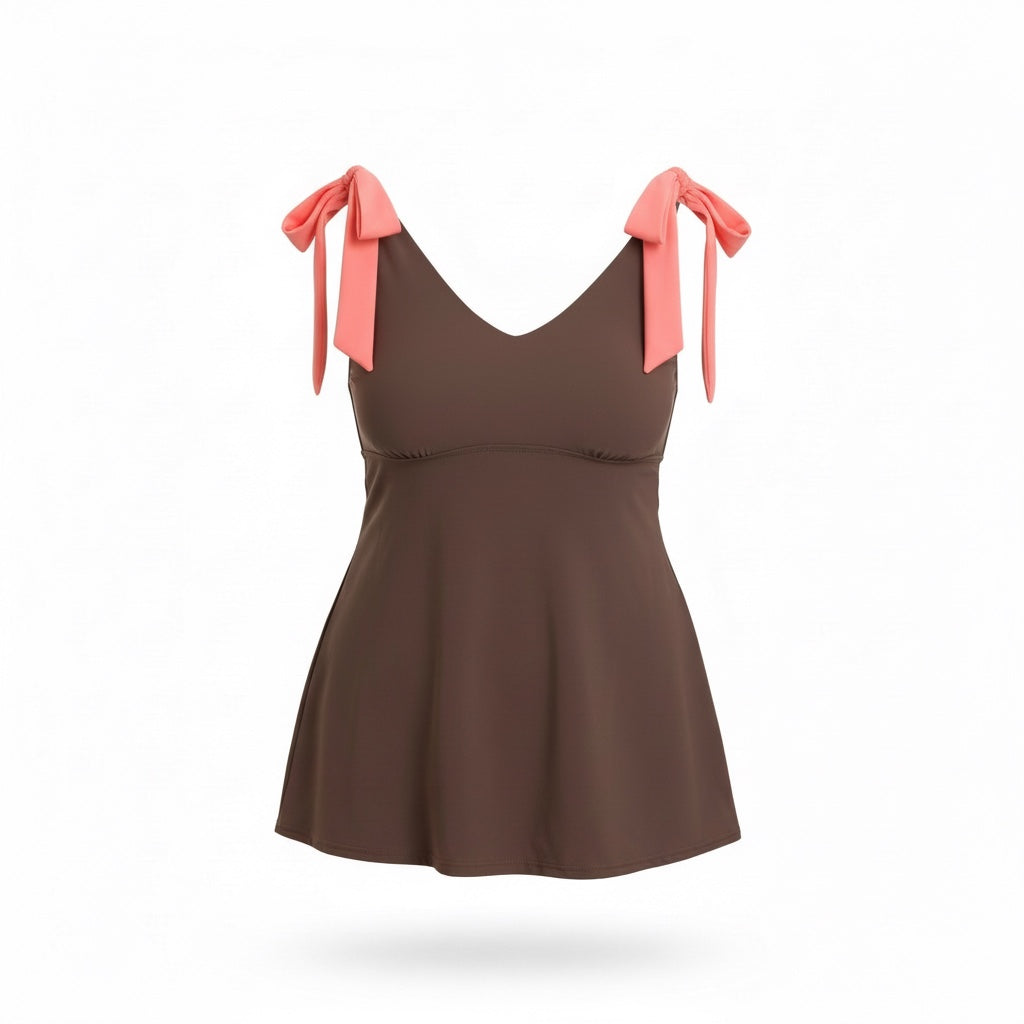 Flirty Tie Shoulder Tankini Top - Driftwood Brown/Coral