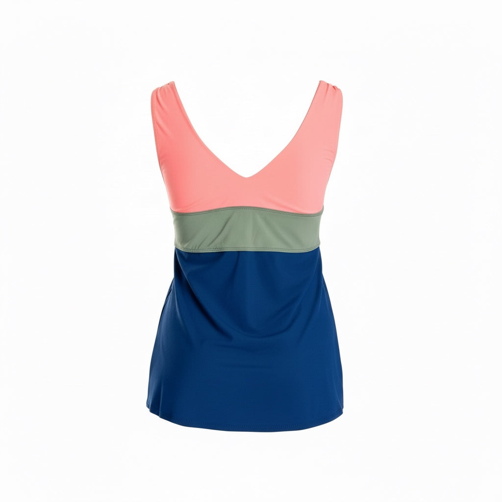 Banded Color Block Tankini Top - Navy/Olive/Coral