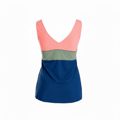 Banded Color Block Tankini Top - Navy/Olive/Coral