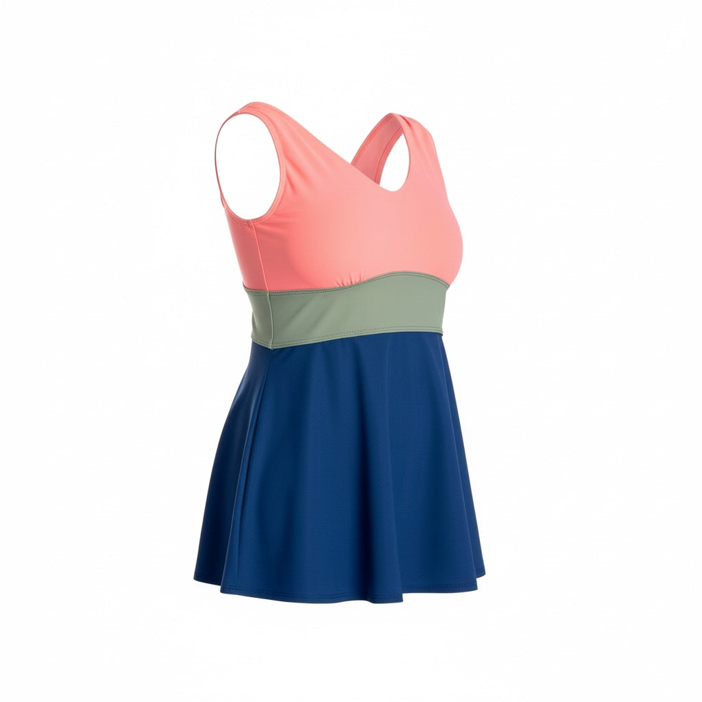 Banded Color Block Tankini Top - Navy/Olive/Coral