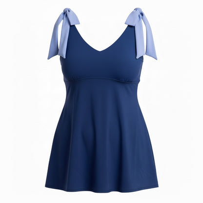 Flirty Tie Shoulder Tankini Top - Navy/Hydrangea Blue