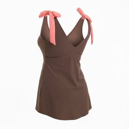 Flirty Tie Shoulder Tankini Top - Driftwood Brown/Coral