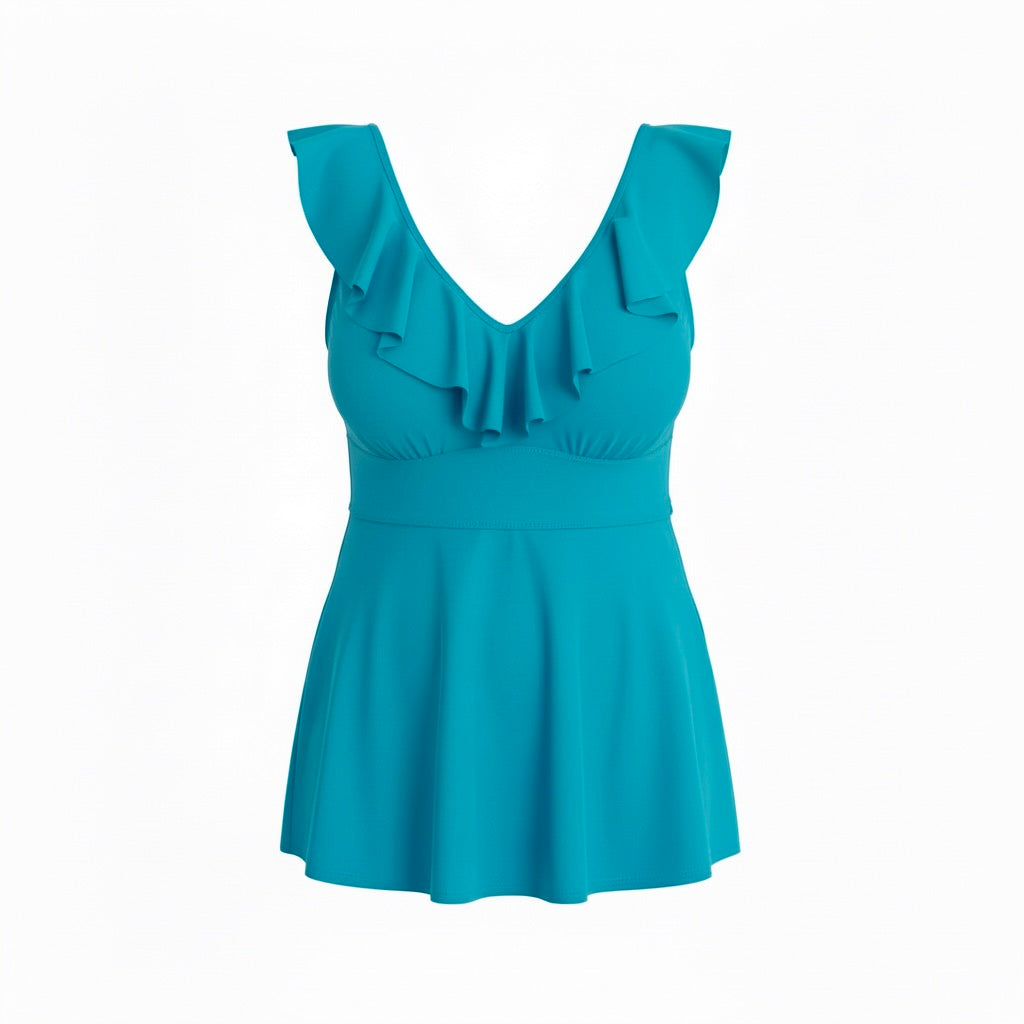 Ruffle Neck Tankini Top - Turquoise