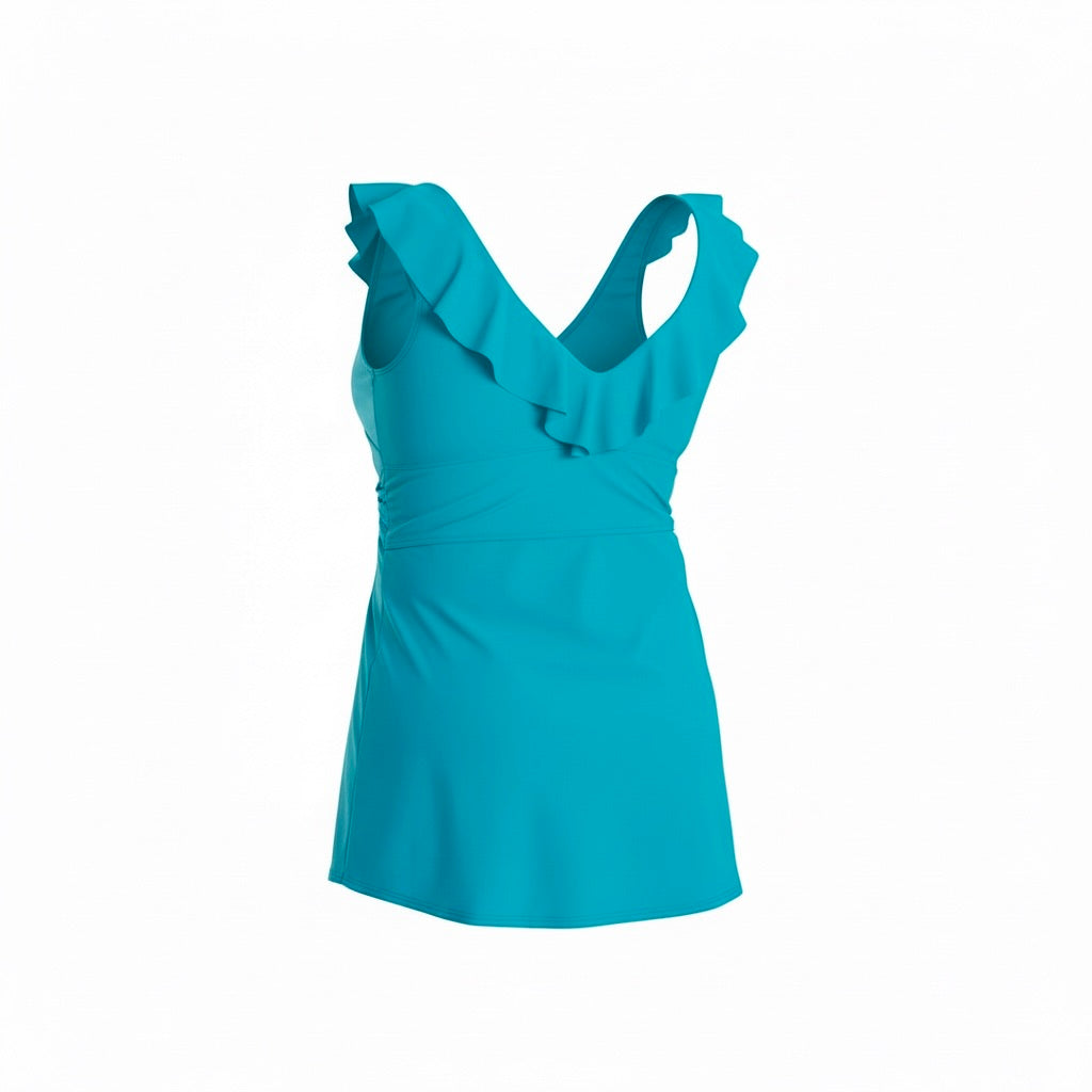 Ruffle Neck Tankini Top - Turquoise