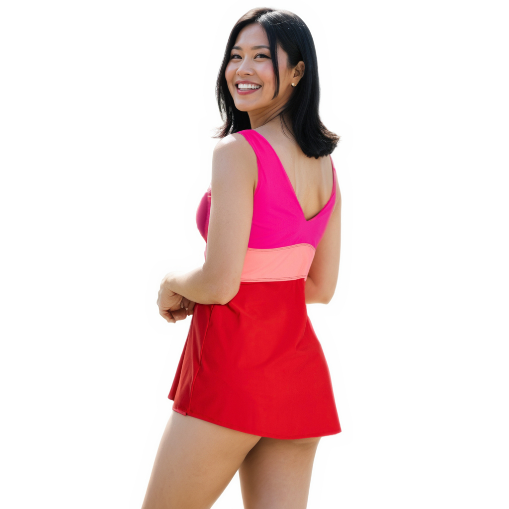 Banded Color Block Tankini Top - Berry Red/Pink/Coral