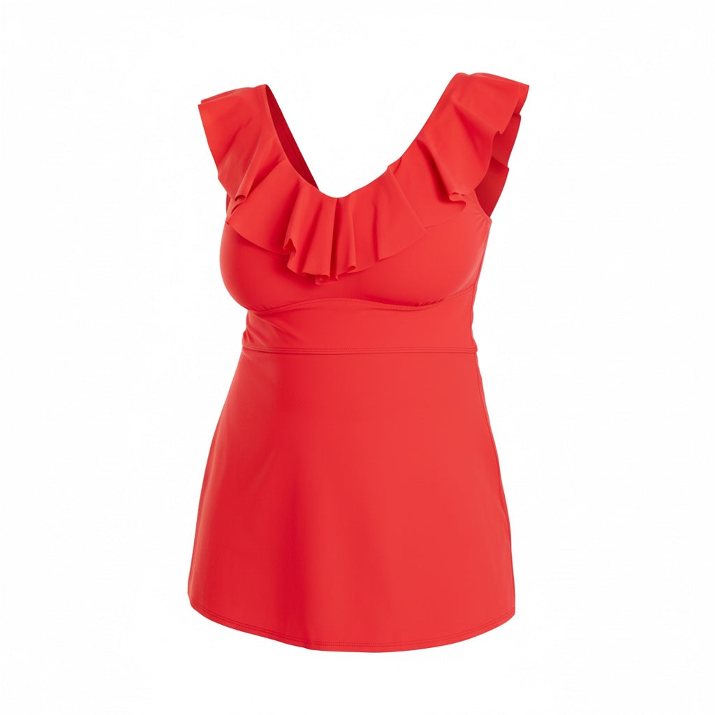 Ruffle Neck Tankini Top - Tomato