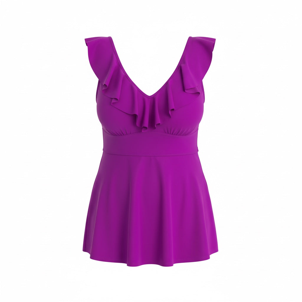 Ruffle Neck Tankini Top - Plum