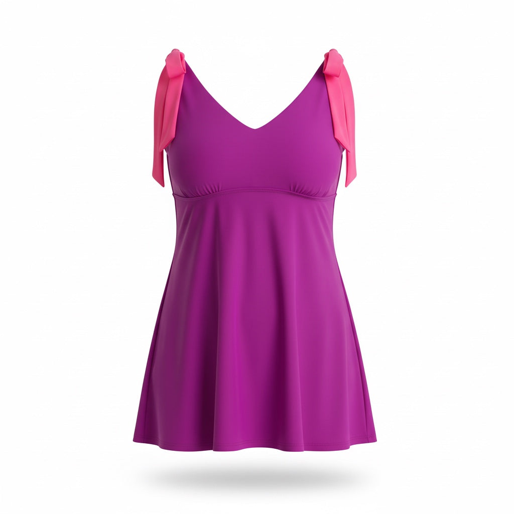Flirty Tie Shoulder Tankini Top - Plum/Pink
