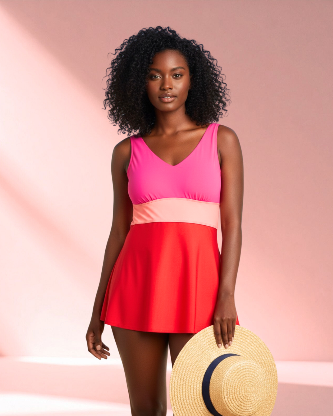 Banded Color Block Tankini Top - Berry Red/Pink/Coral