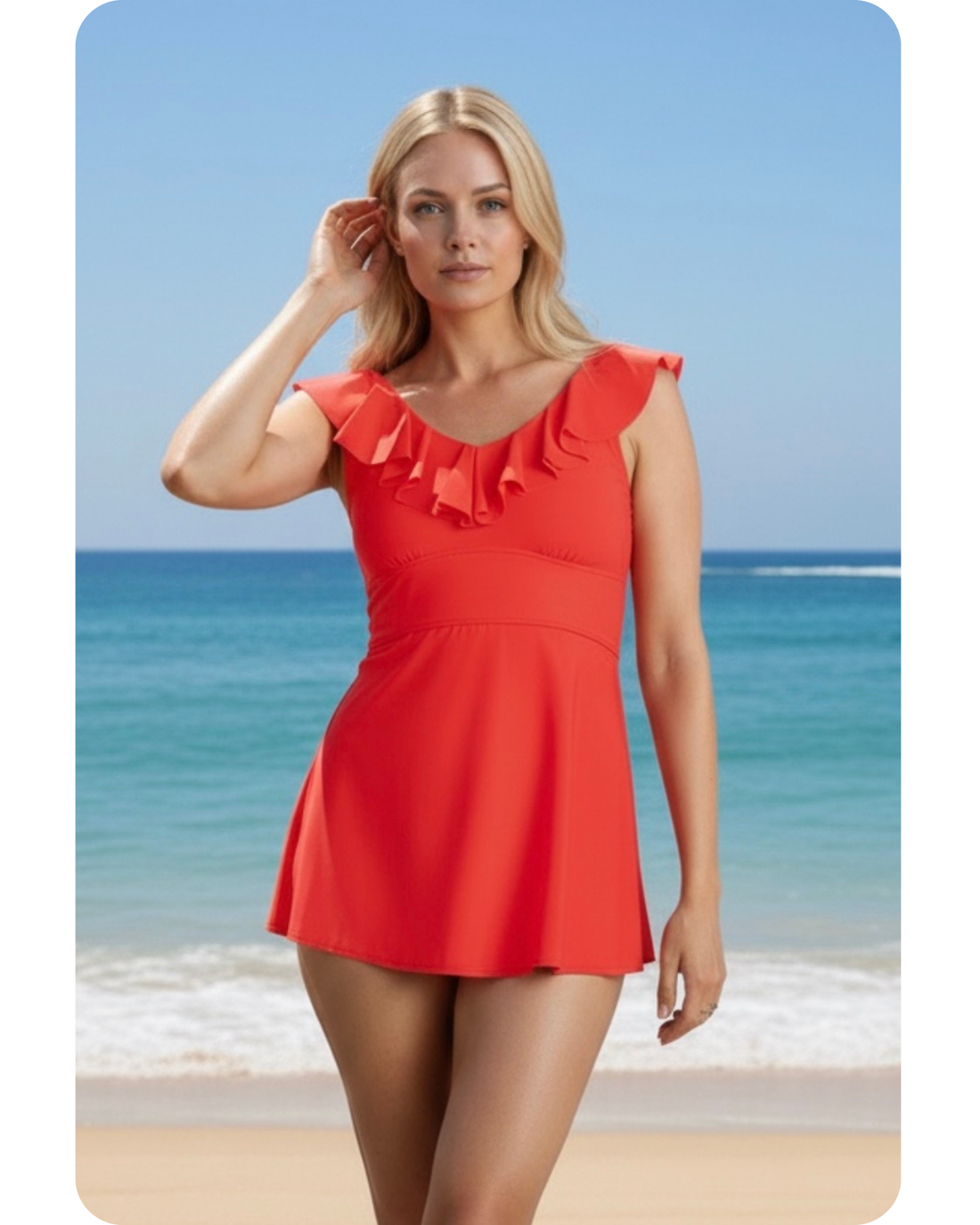 Ruffle Neck Tankini Top - Tomato
