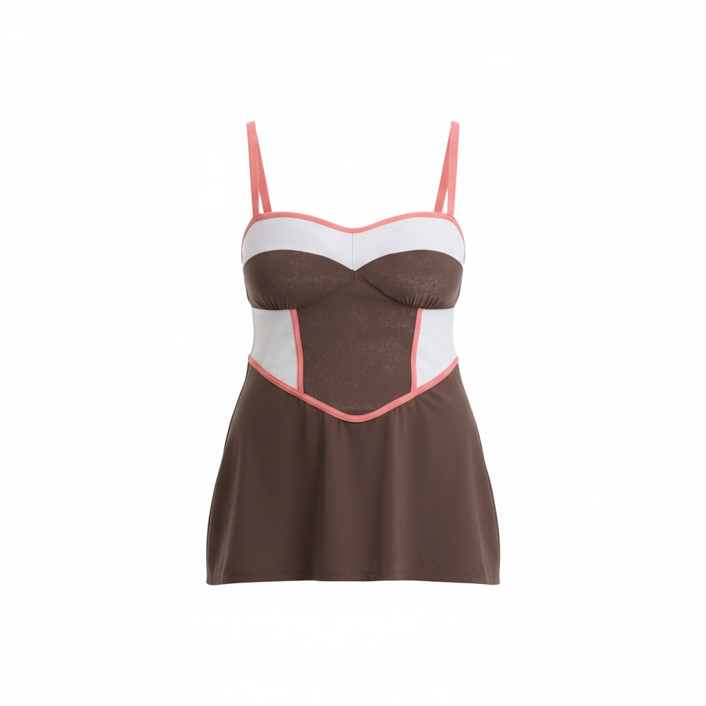 Color Block Tankini Top - Driftwood Brown/Coral