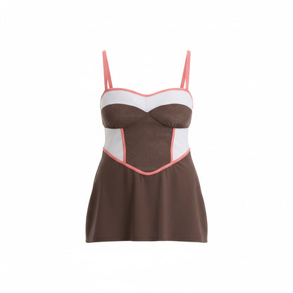 Color Block Tankini Top - Driftwood Brown/Coral