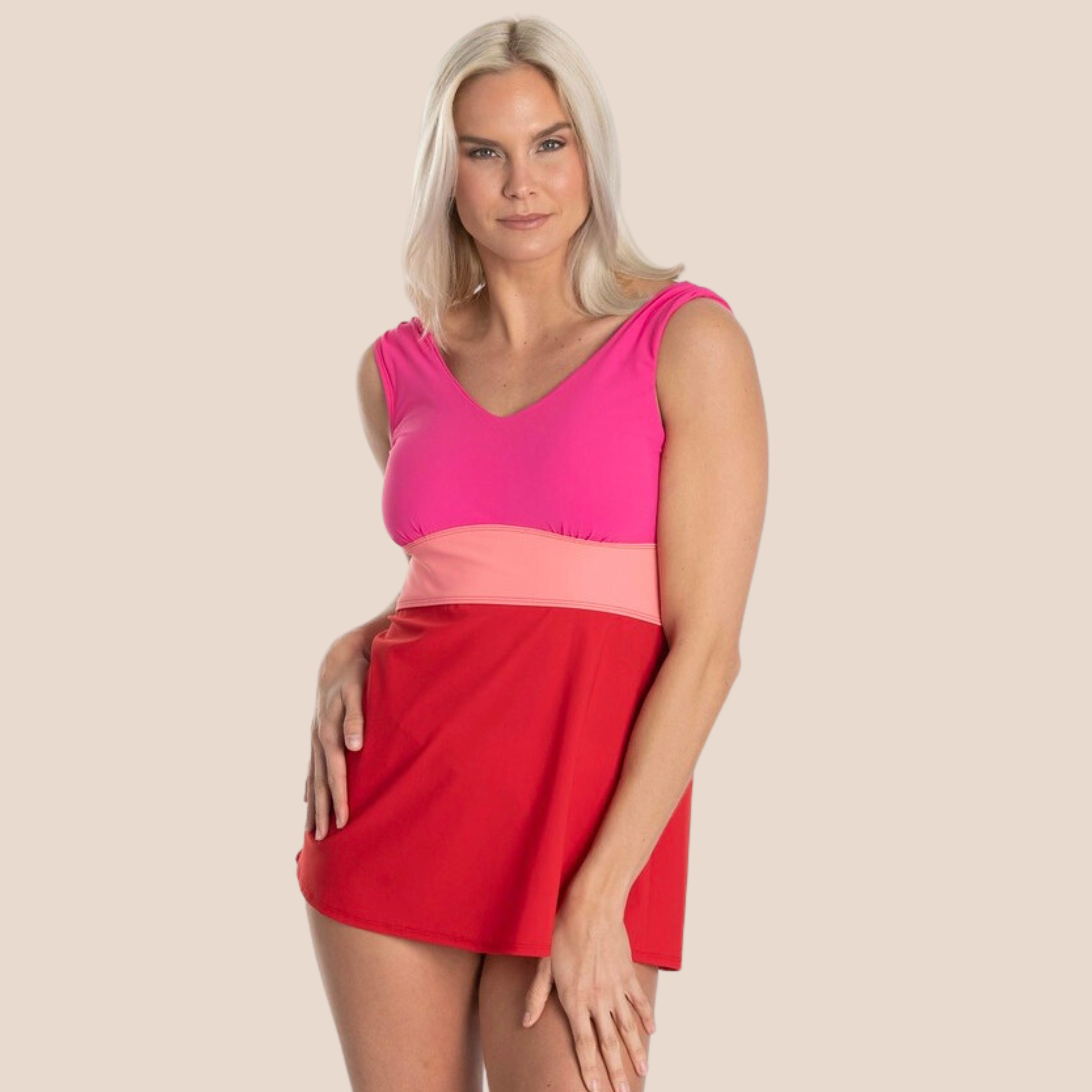 Banded Color Block Tankini Top - Berry Red/Pink/Coral