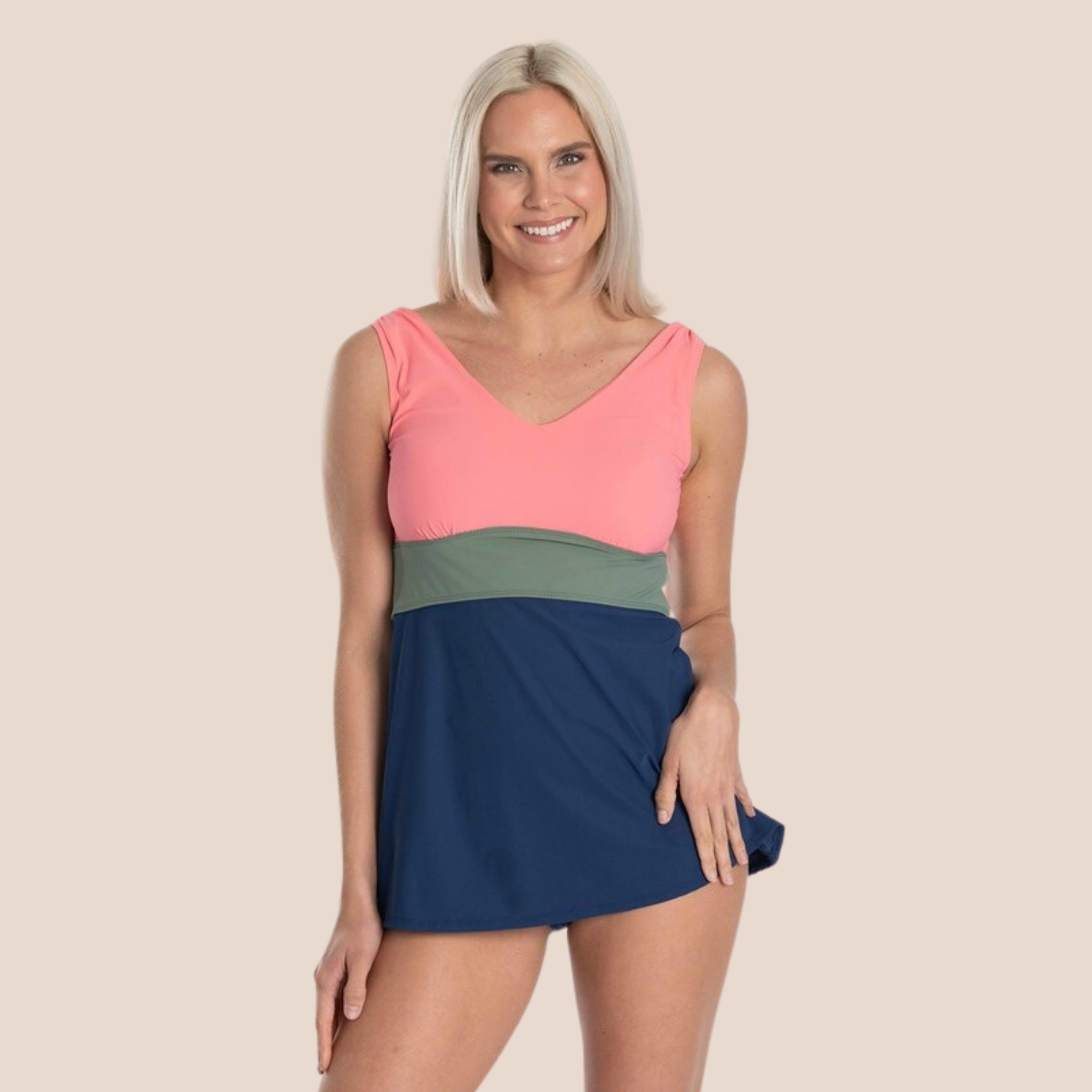 Banded Color Block Tankini Top - Navy/Olive/Coral – Blue Hydrangea Swimwear