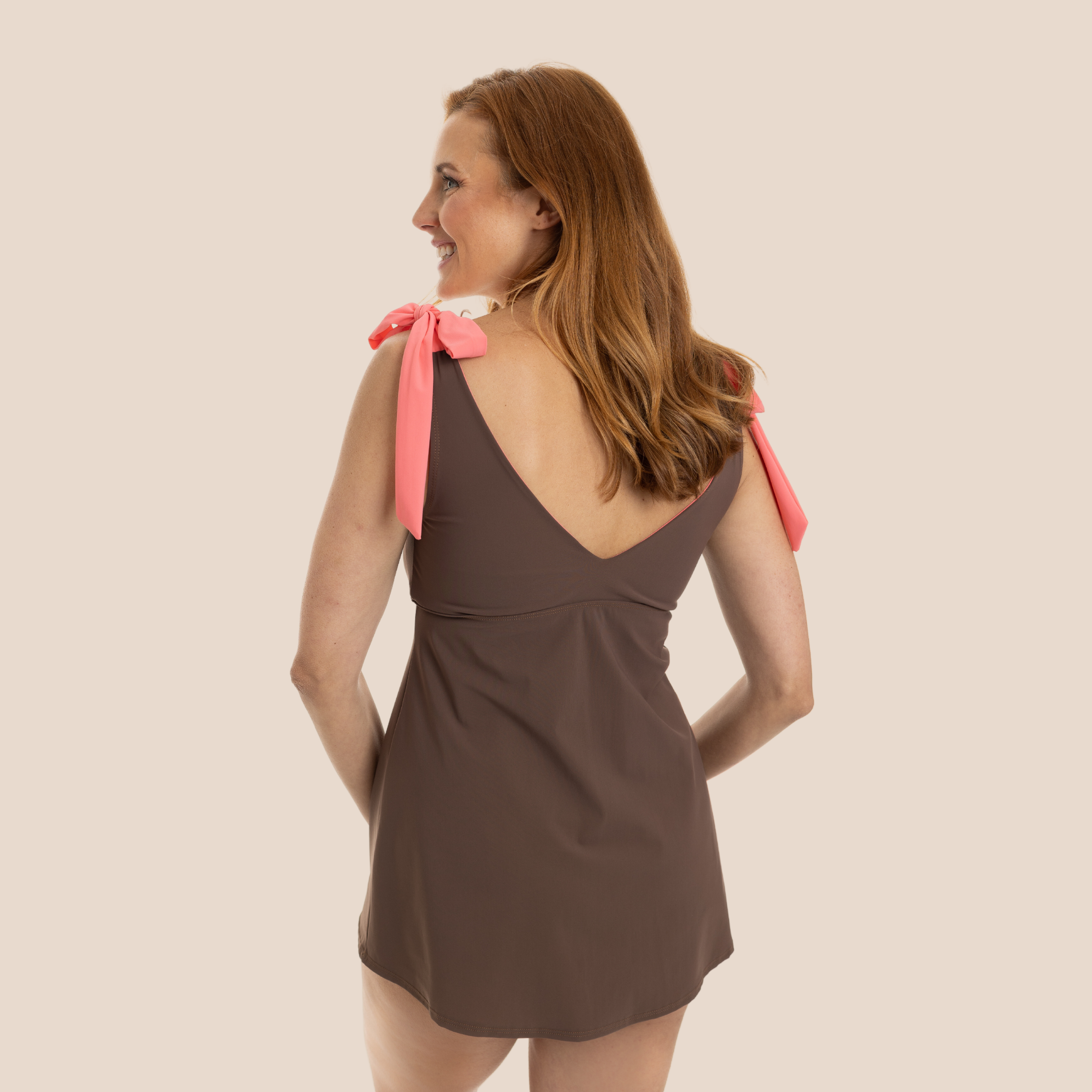 Flirty Tie Shoulder Tankini Top - Driftwood Brown/Coral