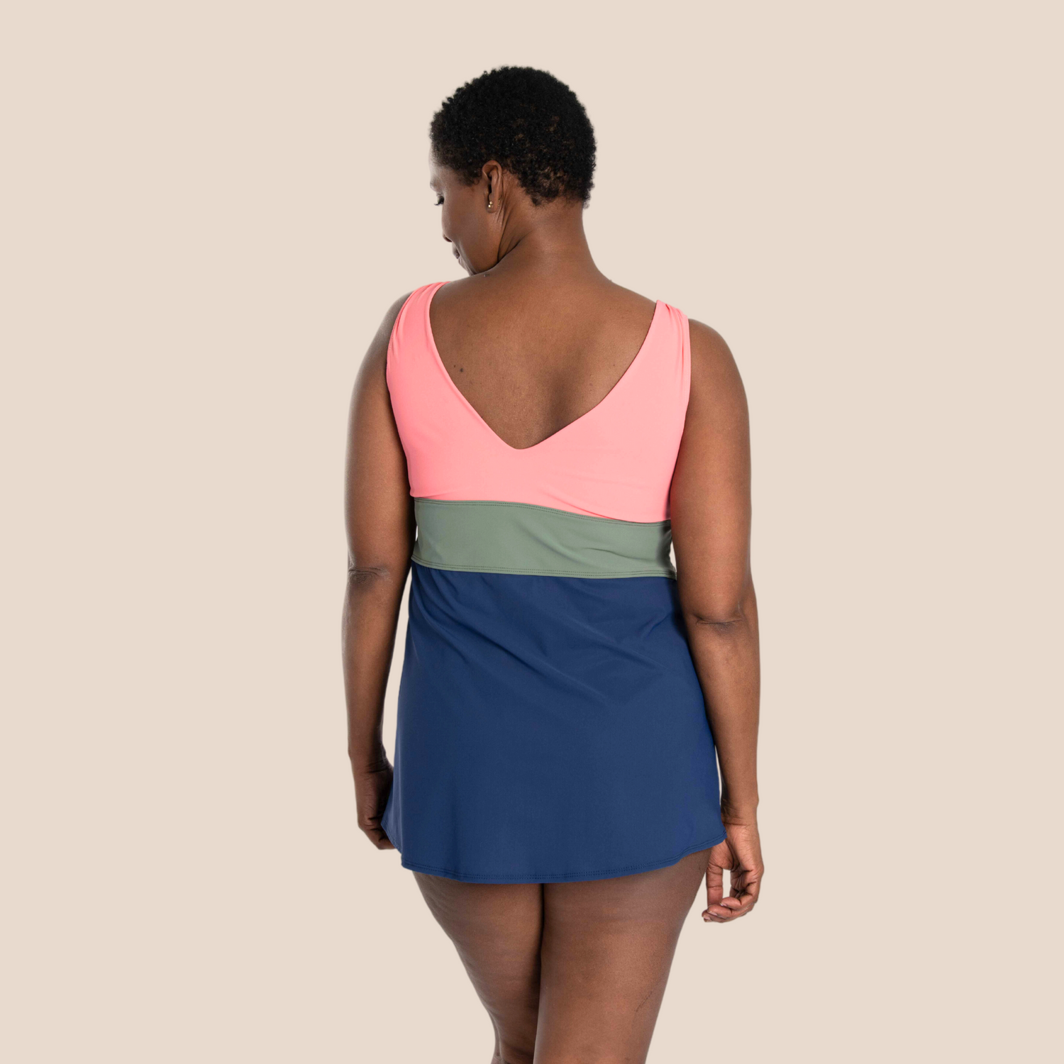 Banded Color Block Tankini Top - Navy/Olive/Coral