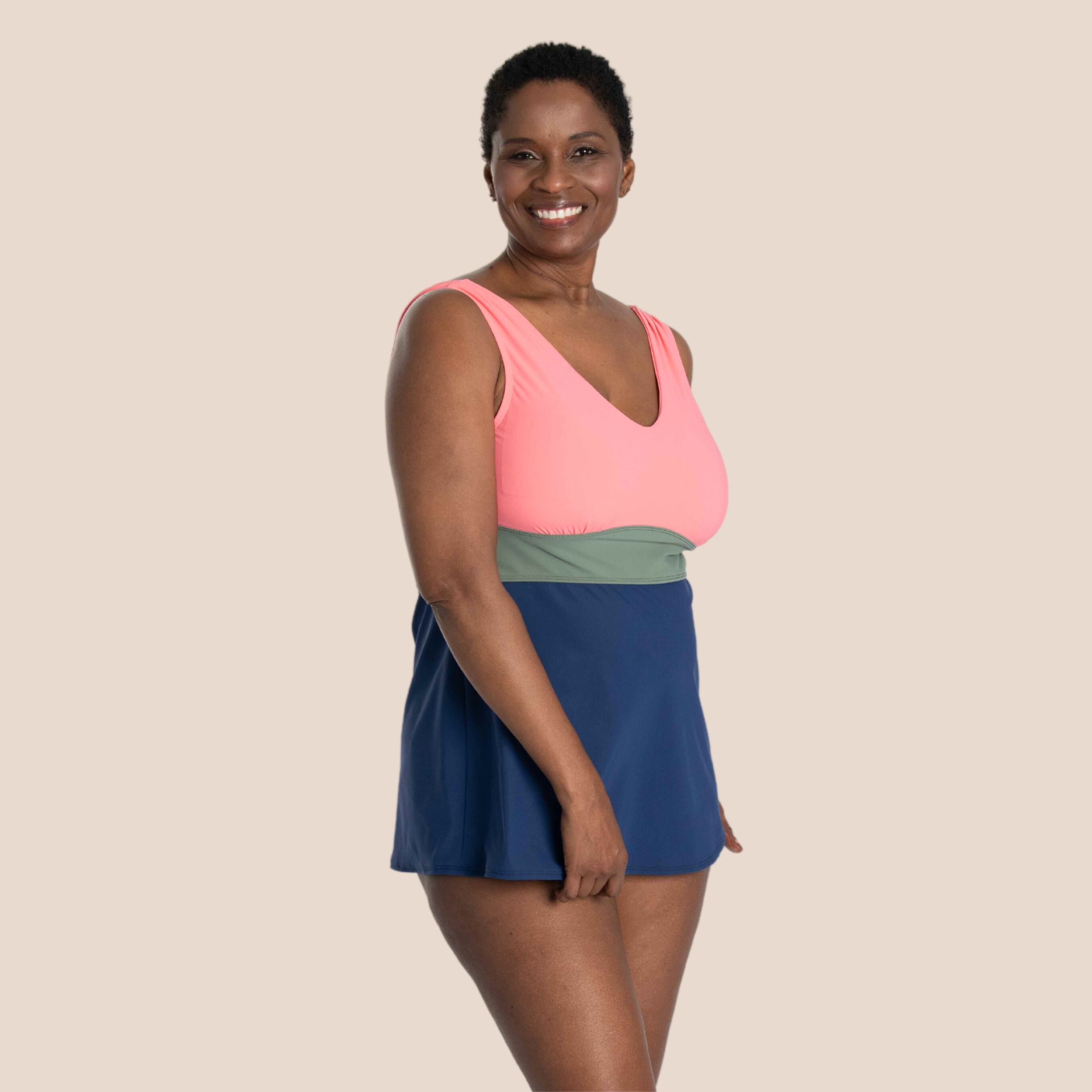 Banded Color Block Tankini Top - Navy/Olive/Coral – Blue Hydrangea Swimwear
