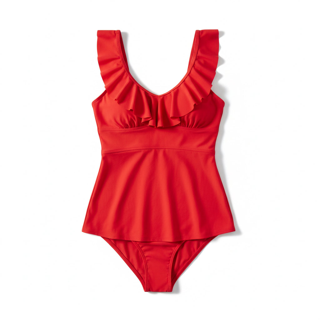 Ruffle Neck Tankini Top - Tomato