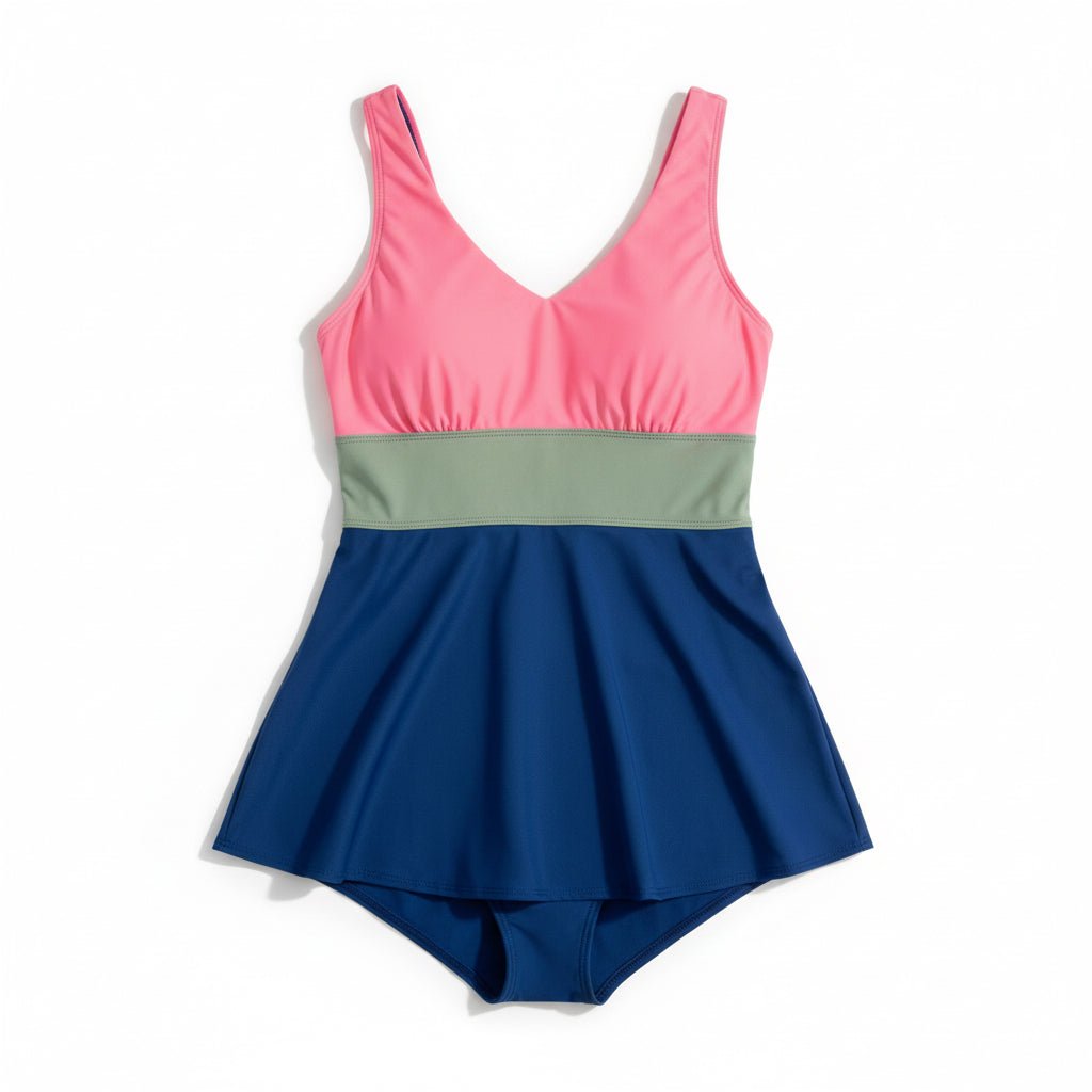 Banded Color Block Tankini Top - Navy/Olive/Coral