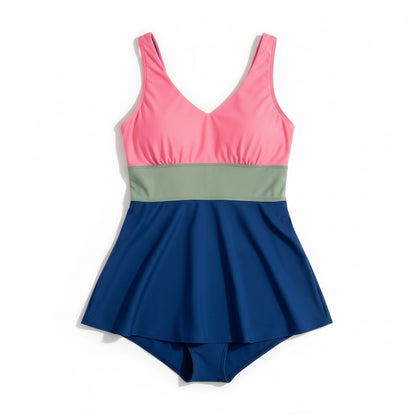 Banded Color Block Tankini Top - Navy/Olive/Coral