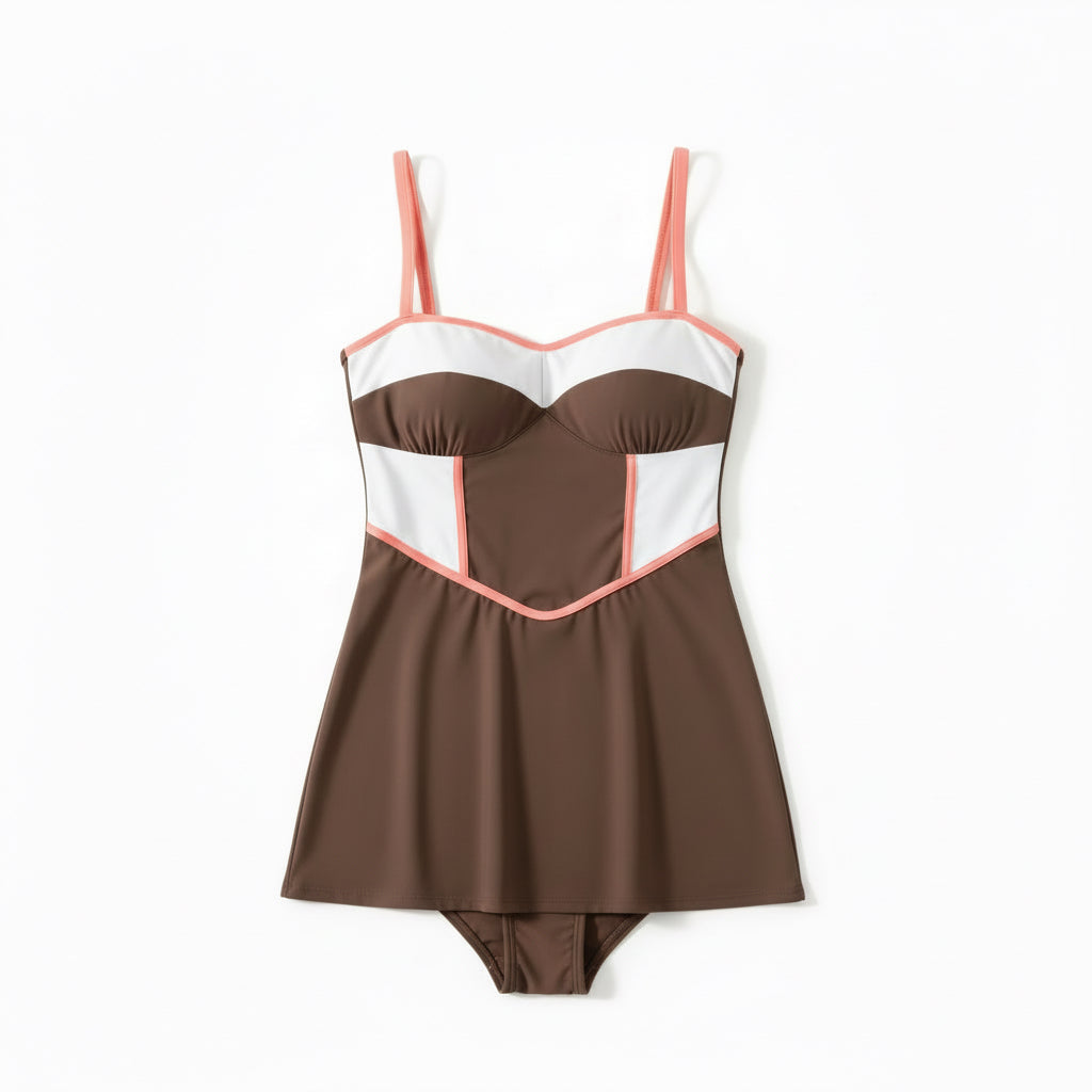 Color Block Tankini Top - Driftwood Brown/Coral