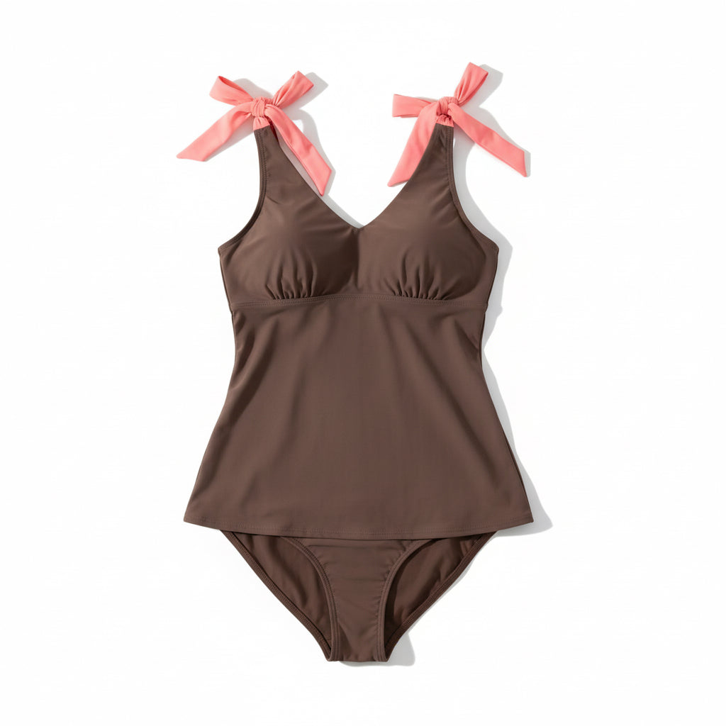 Flirty Tie Shoulder Tankini Top - Driftwood Brown/Coral