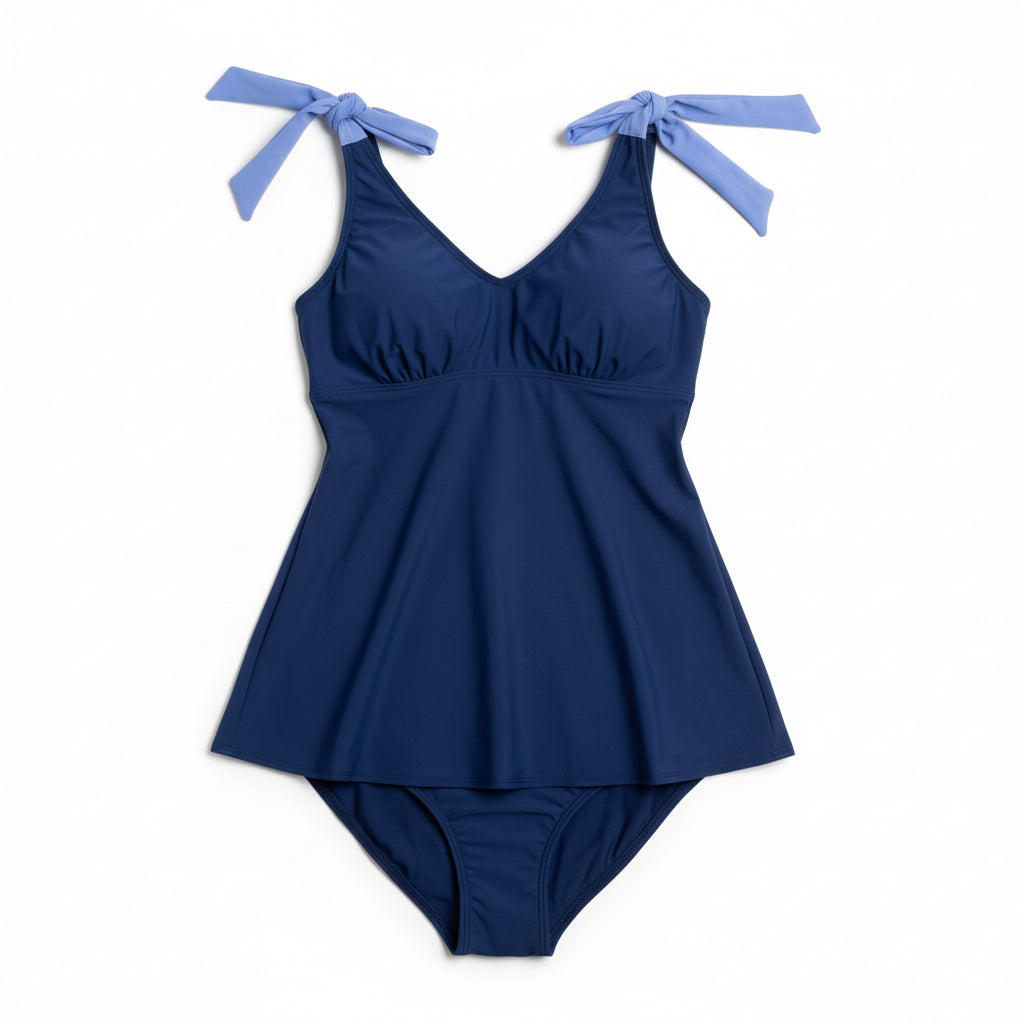 Flirty Tie Shoulder Tankini Top - Navy/Hydrangea Blue