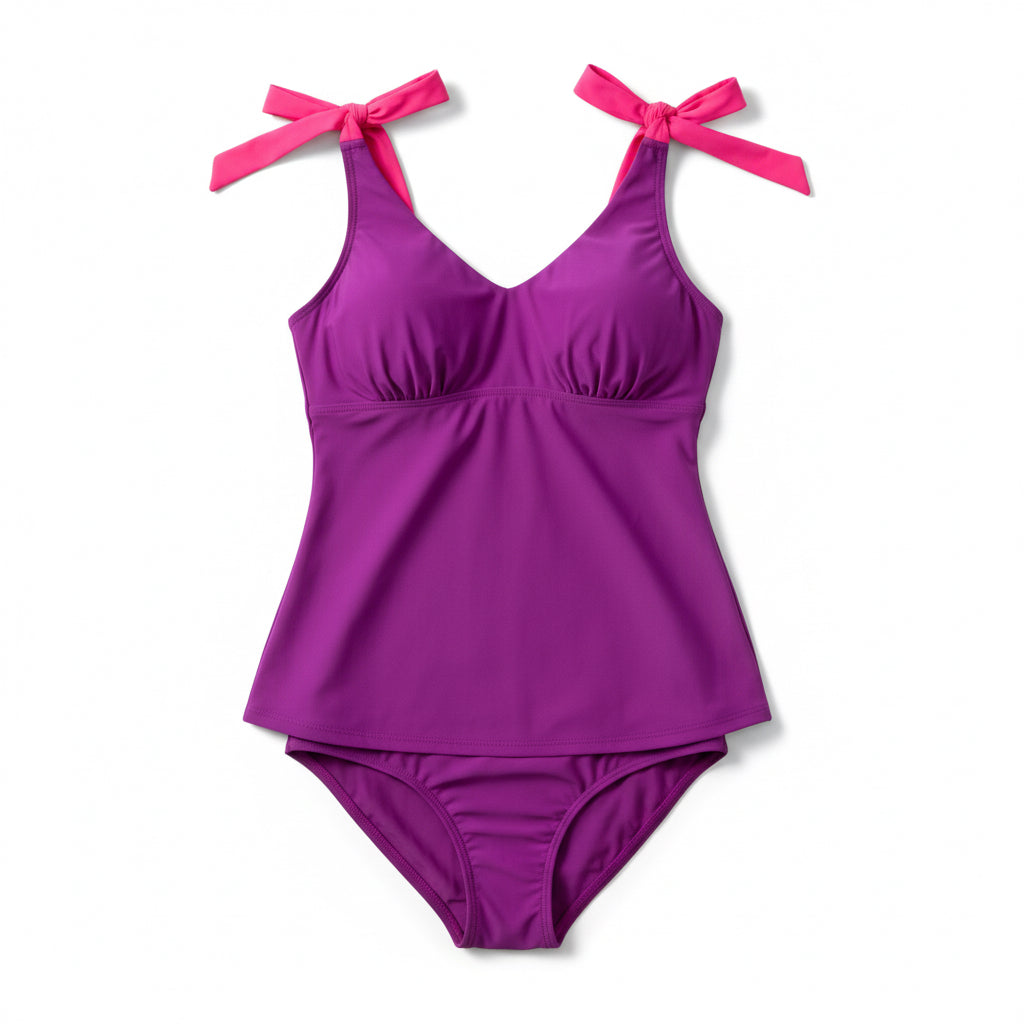 Flirty Tie Shoulder Tankini Top - Plum/Pink